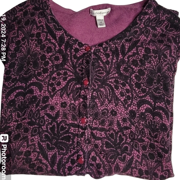 CROFT&BARROW,purple cardigan w/black lace print.Long sleeve, button-up. Sz.3X. - Picture 3 of 5